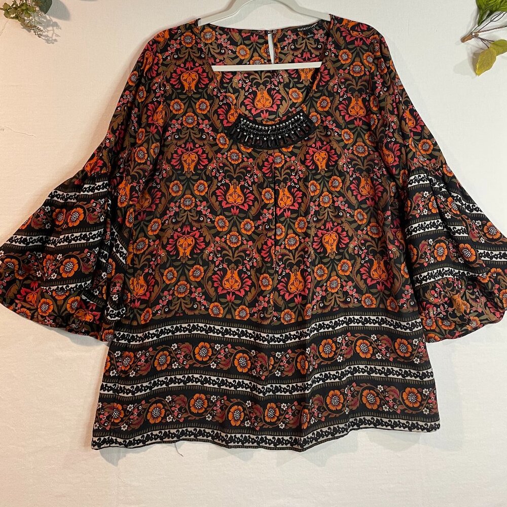 RELATIVITY Multi Floral Embellished 3/4 Ruffle Sleeve Women Blouse Size L